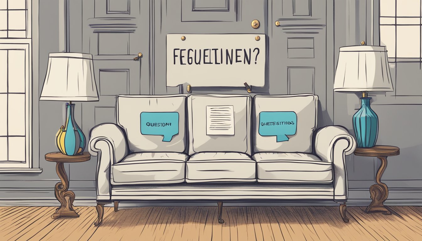 A low settee surrounded by question marks, with a sign reading "Frequently Asked Questions" above it