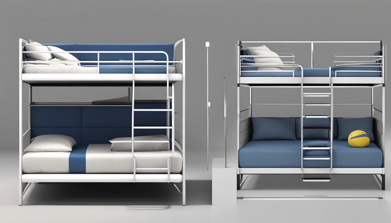 A sleek and modern super single double decker bed with built-in storage compartments and a sturdy metal frame. The top bunk features a secure railing for safety, while the bottom bunk offers a spacious sleeping area