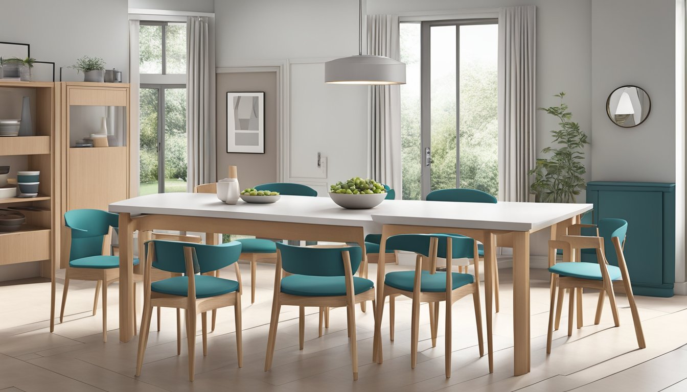 An extendable dining table set transforms from a compact size to a larger surface, with stackable chairs for adaptable seating