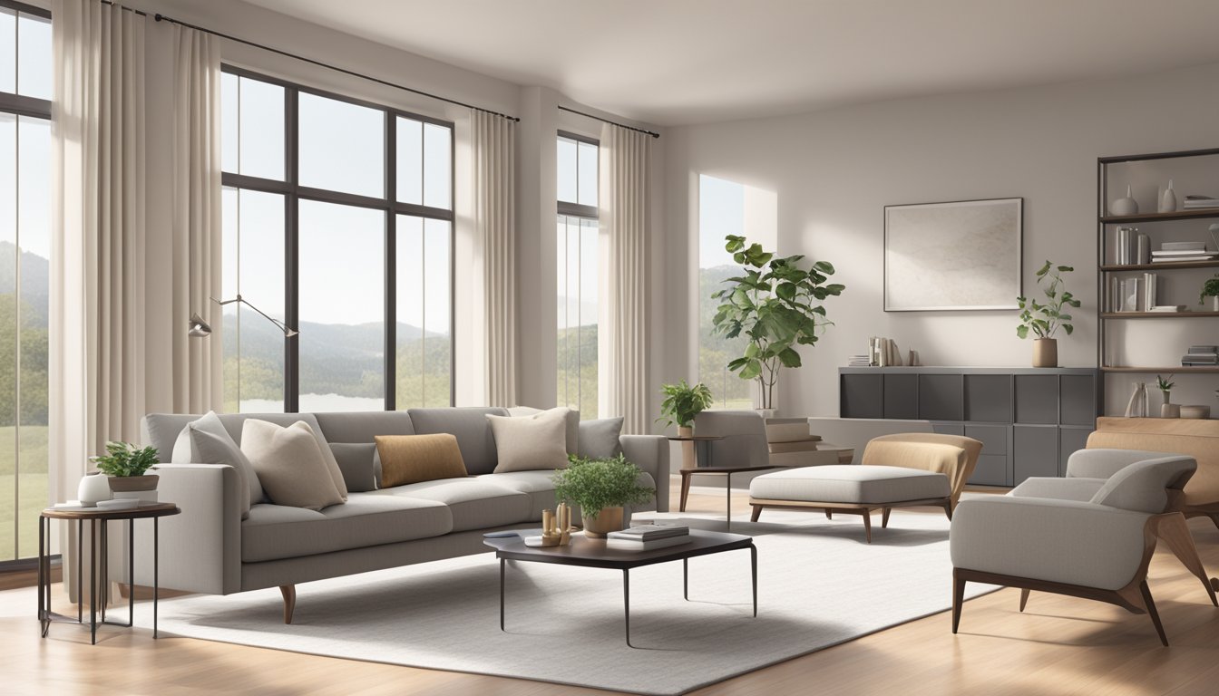 A spacious, clean living room with a neutral color palette, sleek furniture, and minimal decor. Large windows let in natural light, creating a serene atmosphere