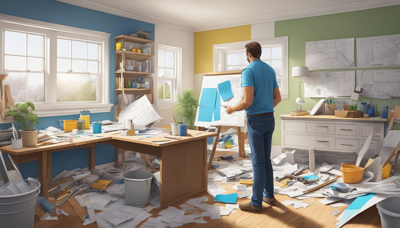 A cluttered room with scattered blueprints and tools, a frustrated homeowner staring at a wall covered in paint swatches and renovation plans