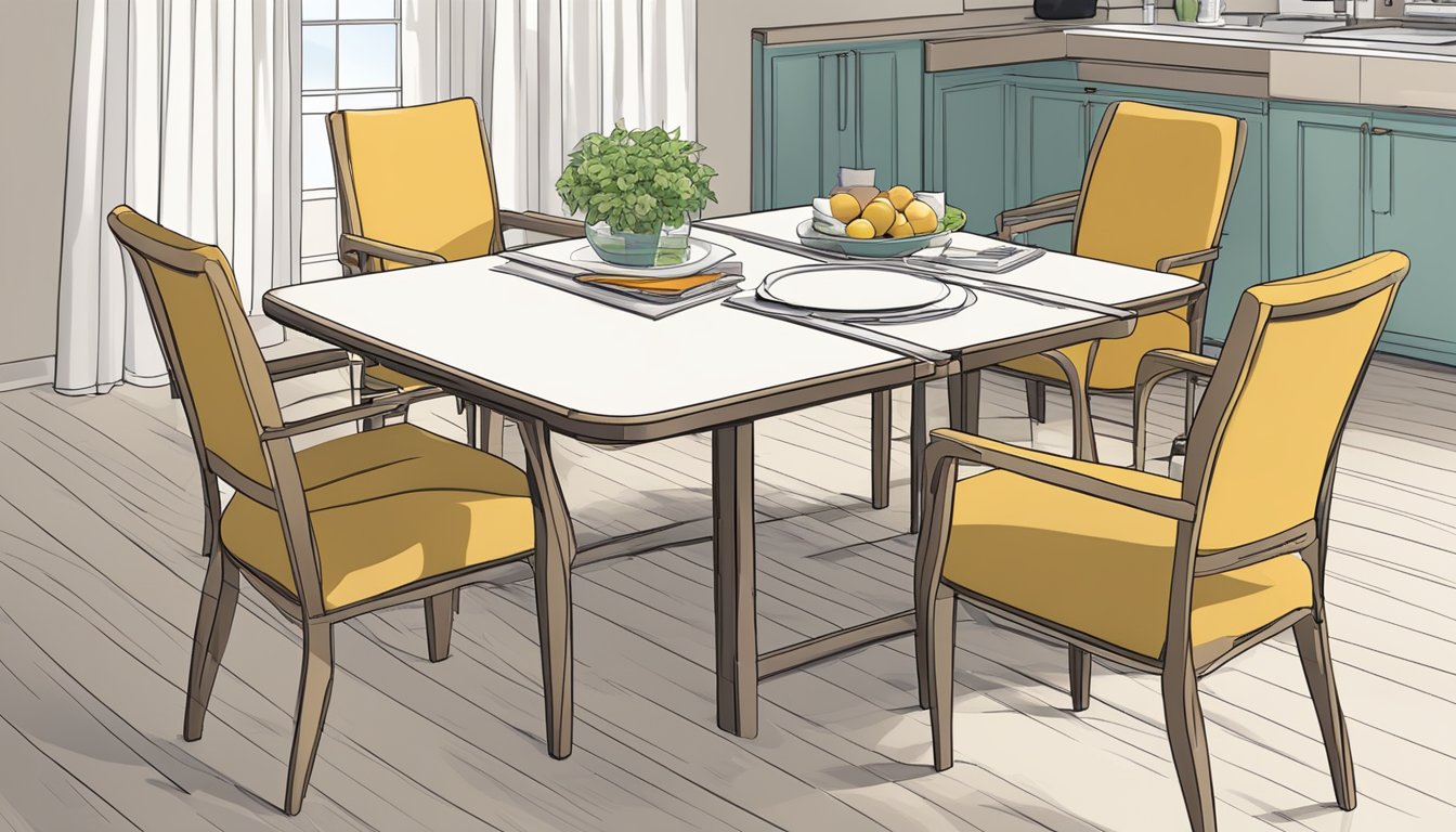 An extendable dining table set surrounded by various chairs, with a stack of FAQs and a pen on the table