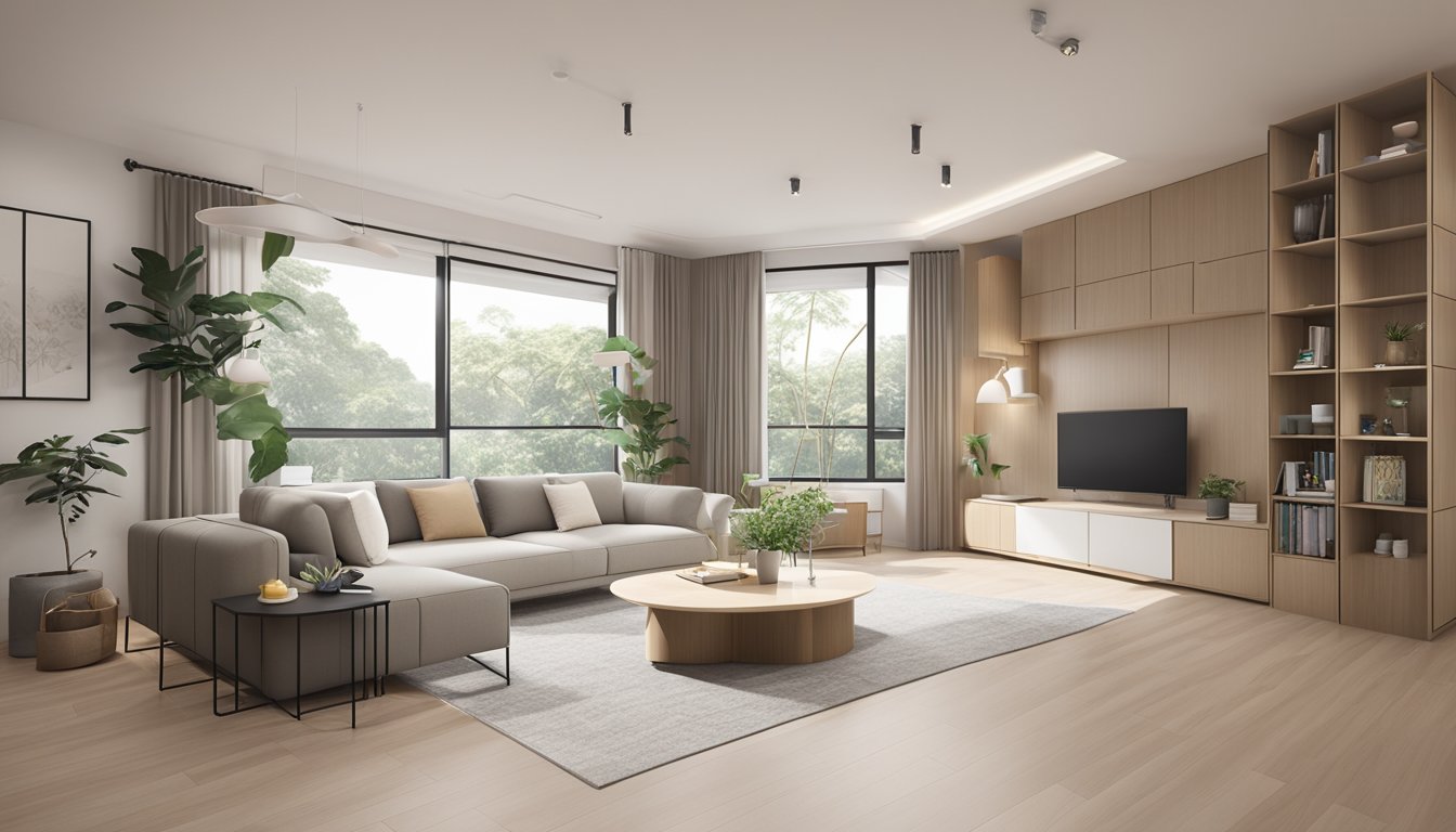 A clutter-free HDB living room with sleek furniture, hidden storage, and neutral colors. Minimalist design maximizes space and creates a clean, airy atmosphere