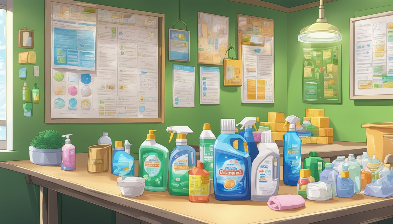 A table with cleaning supplies and disinfectants, labeled "Cleaning Essentials" and "Hygiene Protocols" poster on the wall