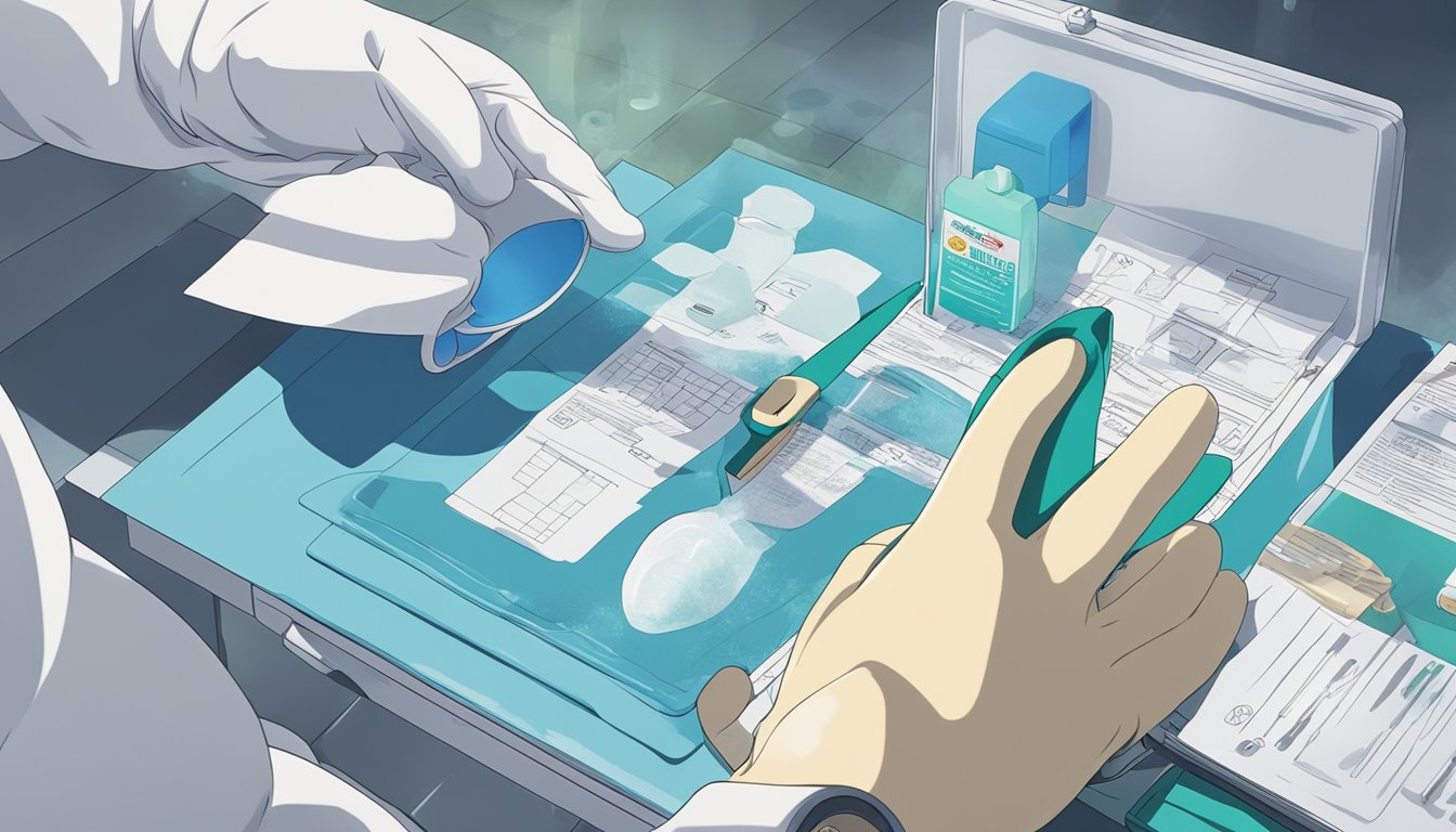 A gloved hand wipes down a surface with disinfectant, while a checklist of cleaning protocols hangs nearby