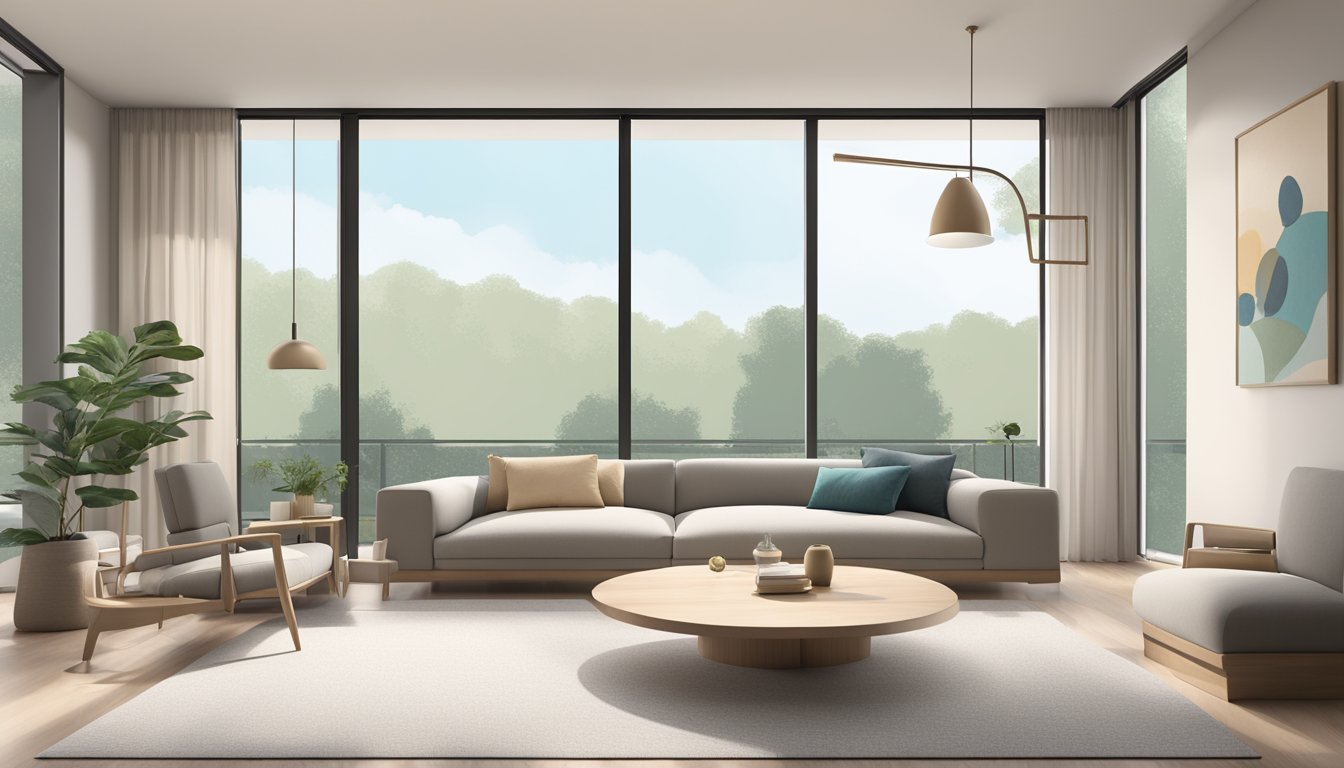 A modern living room with clean lines, neutral colors, and minimalistic furniture. A large window brings in natural light, illuminating the space