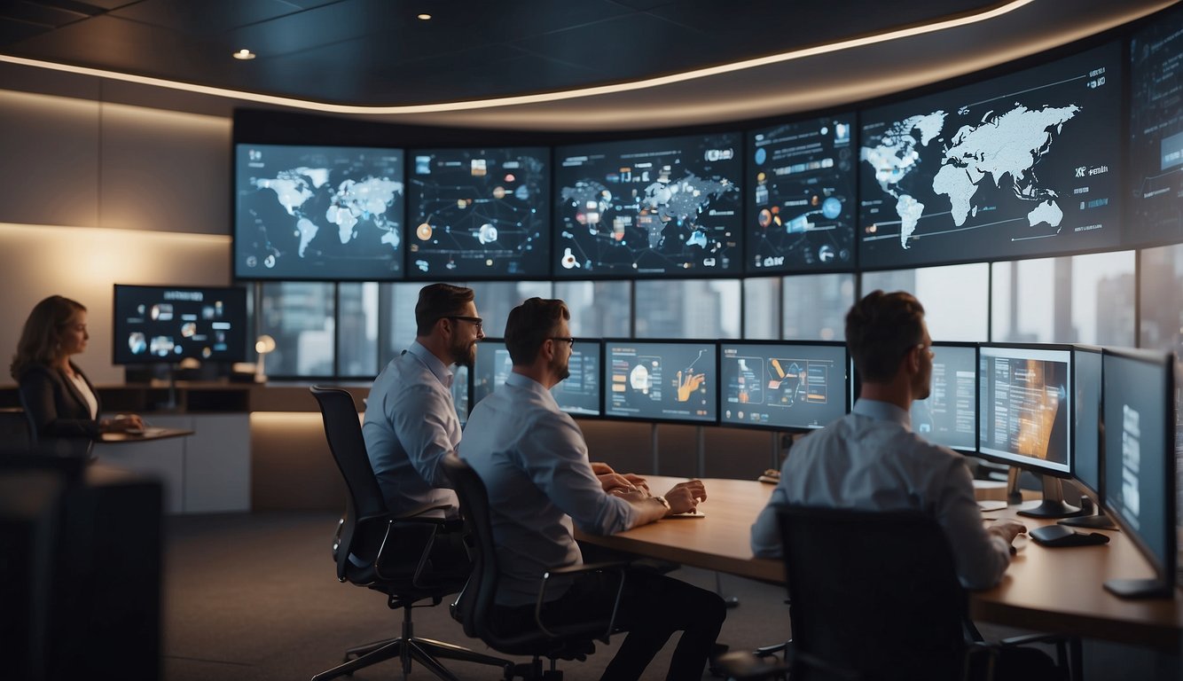 A virtual meeting room with screens displaying participants engaging in reflective practices, surrounded by symbols of connectivity and communication