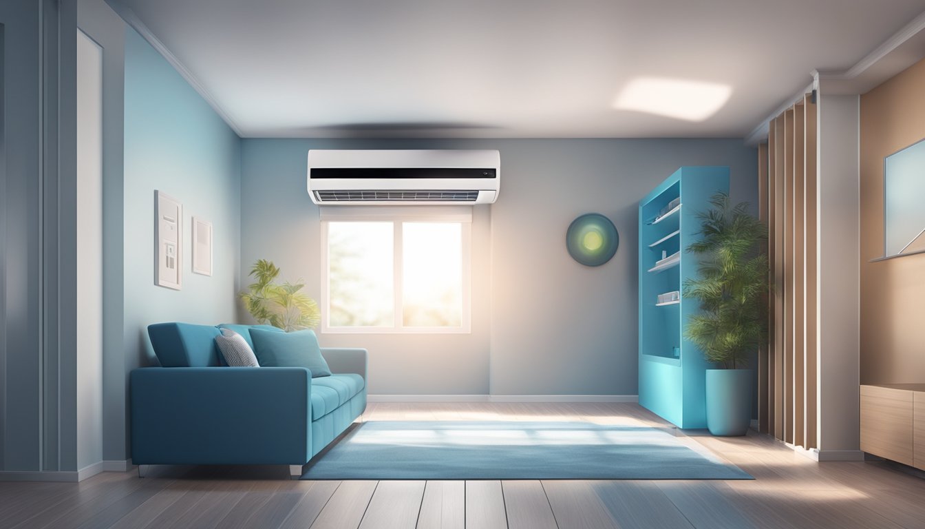 A room with a modern air conditioning unit emitting cool air