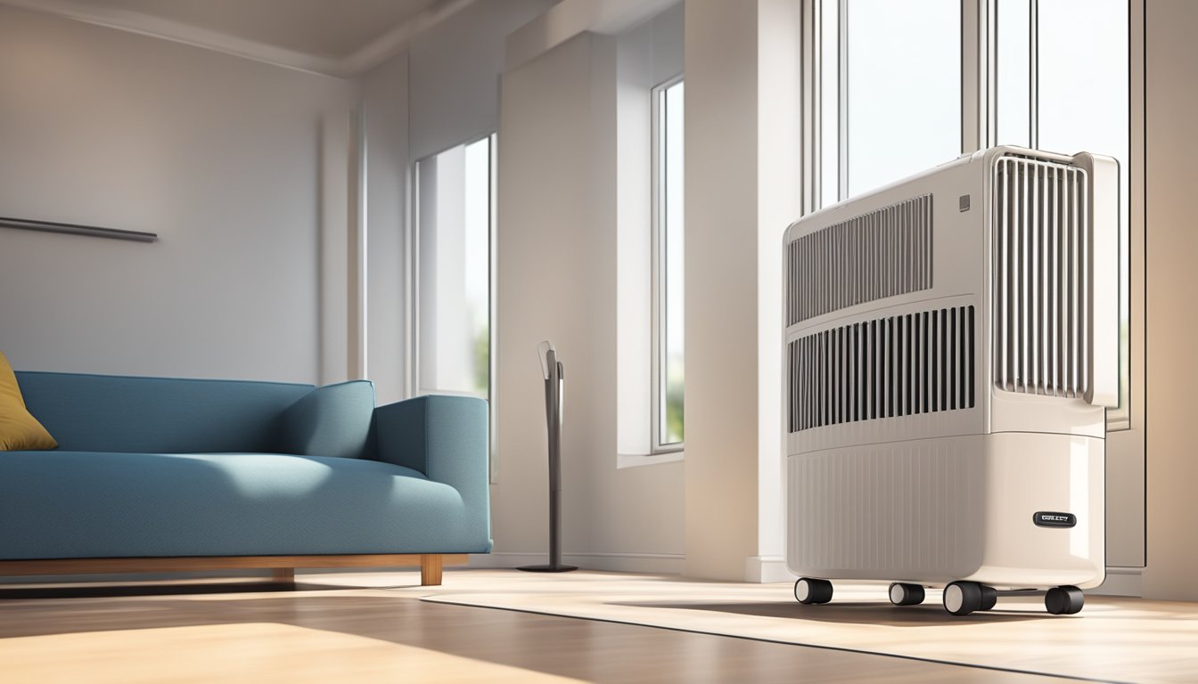 A portable air conditioner sits in a sunlit room, cooling the air. Its sleek design and adjustable settings provide comfort and relief from the heat