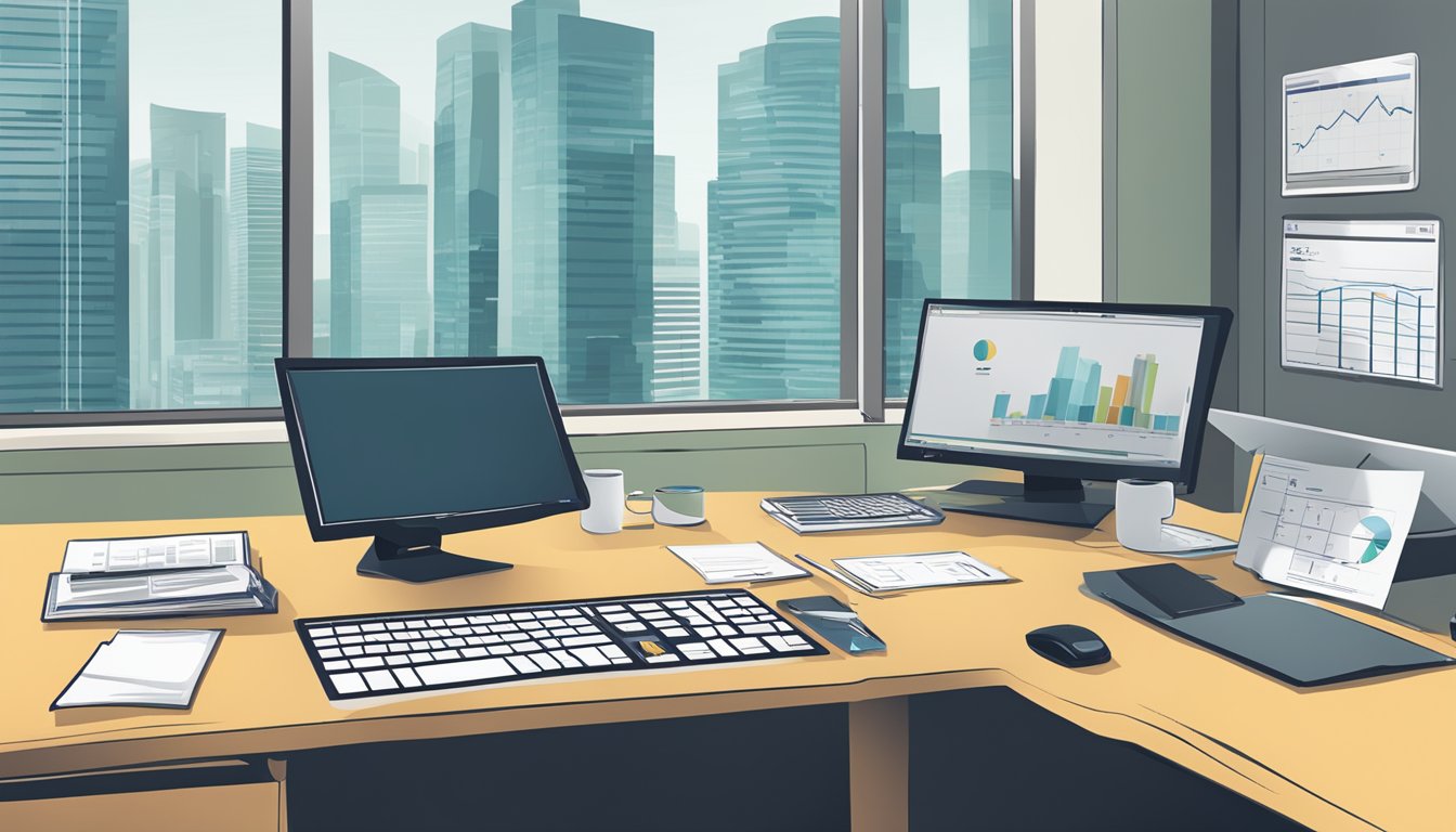 An office setting with computer equipment, charts, and a salary report on a desk, representing IT management in Singapore