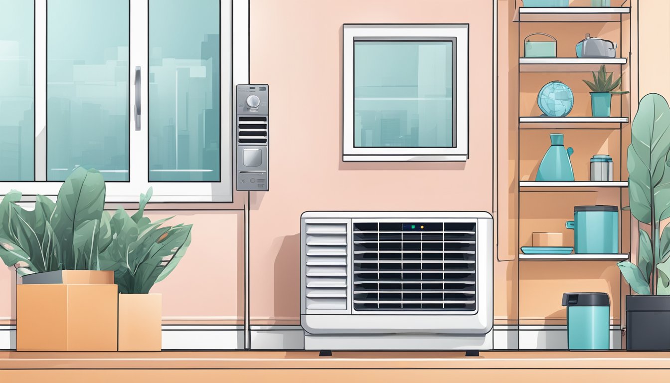 A hand reaches for the sleek, modern aircon model on a display shelf, surrounded by other cooling appliances