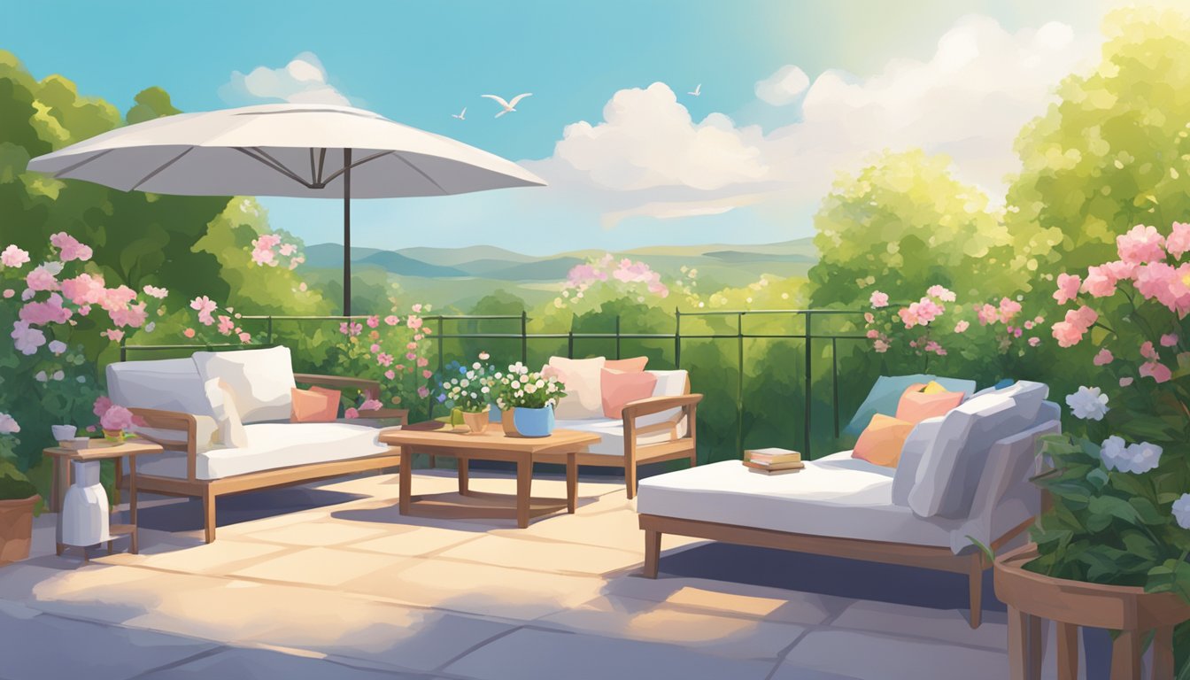 Low outdoor furniture: A cozy seating area with a small coffee table, surrounded by lush greenery and blooming flowers, under a bright blue sky