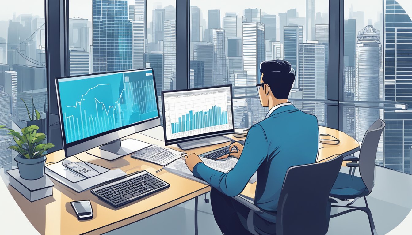 An IT manager in Singapore calculates potential earnings, surrounded by charts and graphs, with a city skyline in the background