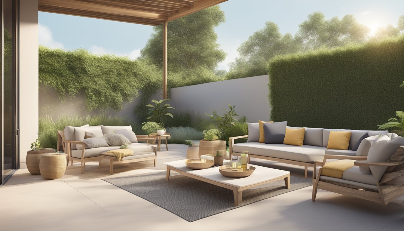 A low outdoor furniture set arranged on a patio, with clean lines and minimalist design, surrounded by lush greenery and bathed in natural sunlight