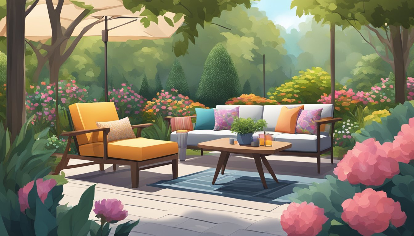 A cozy outdoor set with low, modern furniture nestled in a lush garden, surrounded by tall trees and colorful flowers