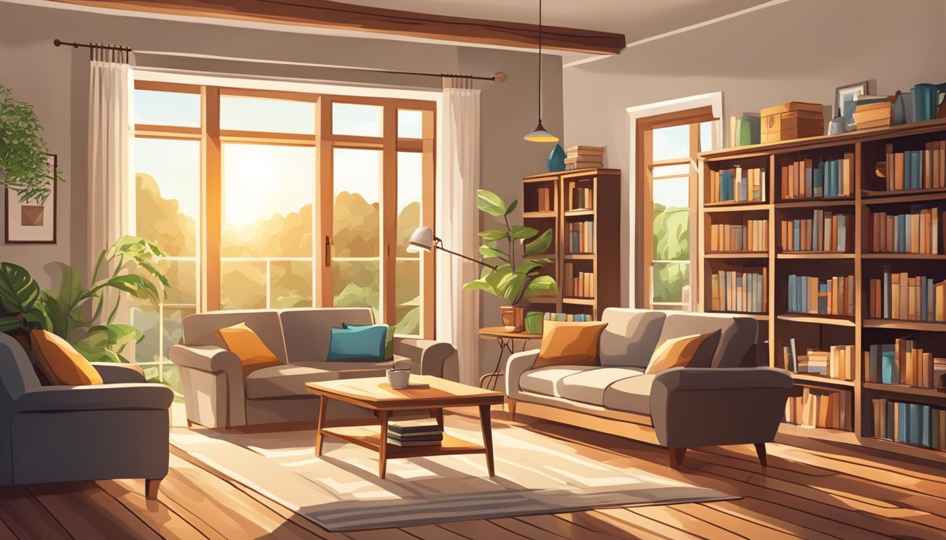 A cozy living room with a wooden coffee table, bookshelves, and flooring. Sunlight streams through the windows, casting warm, natural hues on the wooden surfaces