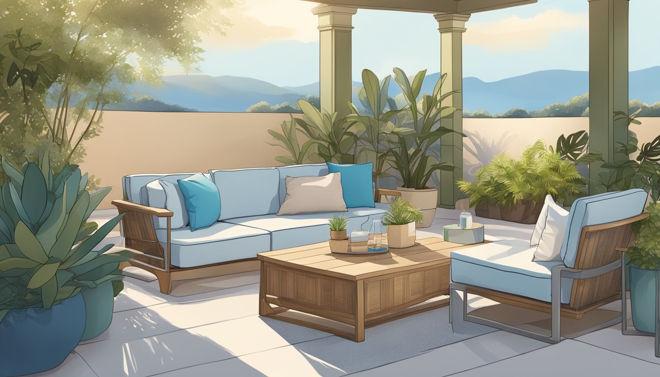 Low outdoor furniture arranged in a cozy setting with plants and a clear blue sky in the background