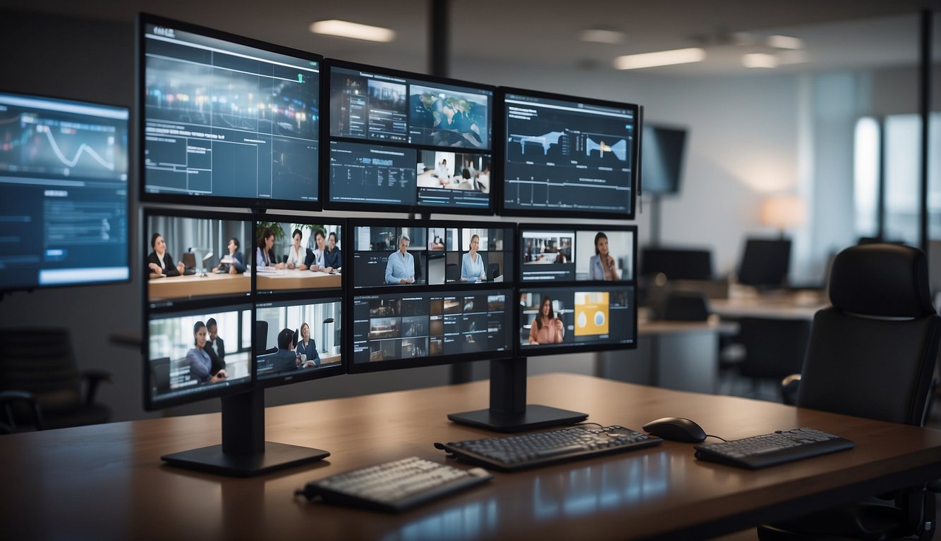 A virtual meeting room with multiple screens displaying reflective practices and advanced strategies