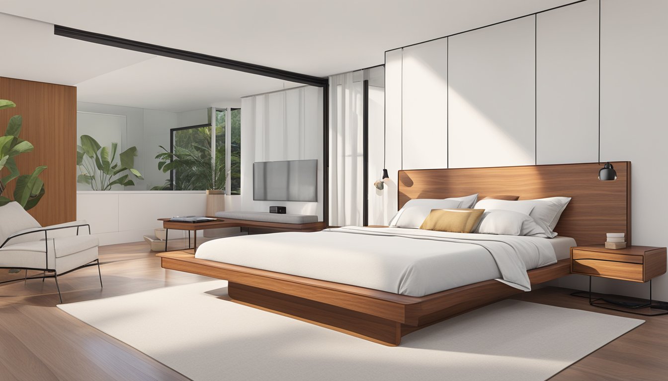 A sleek, modern platform bed frame in a minimalist Singapore bedroom. White walls, warm wood tones, and clean lines create a serene atmosphere