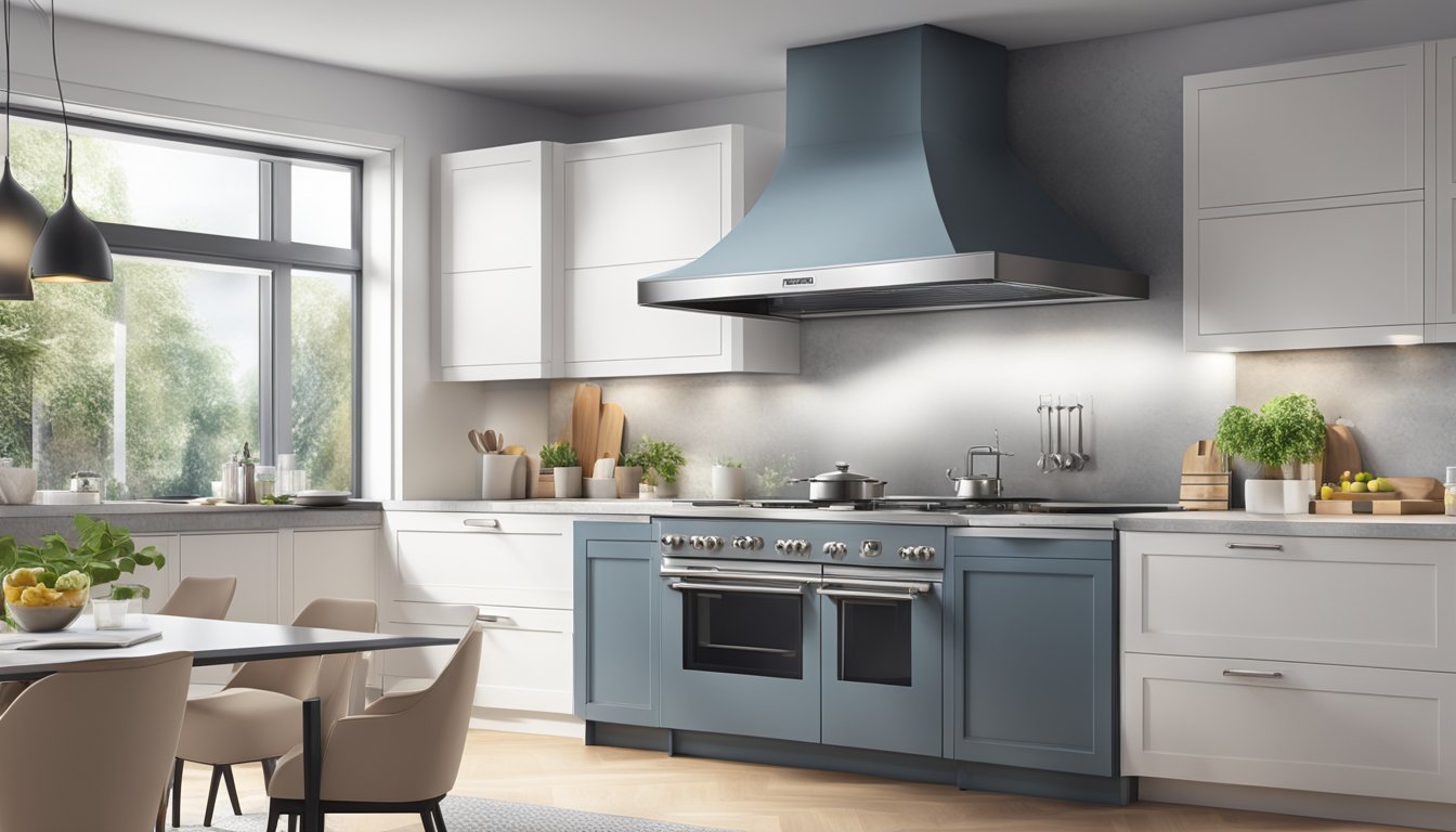 A sleek, stainless steel cooker hood hangs above a spacious open plan kitchen, with powerful ventilation and modern design