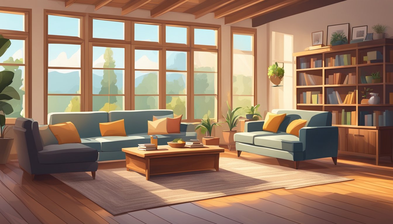 A cozy living room with a wooden coffee table, bookshelves, and flooring. Sunlight streams through large windows, casting warm, natural hues on the wooden surfaces