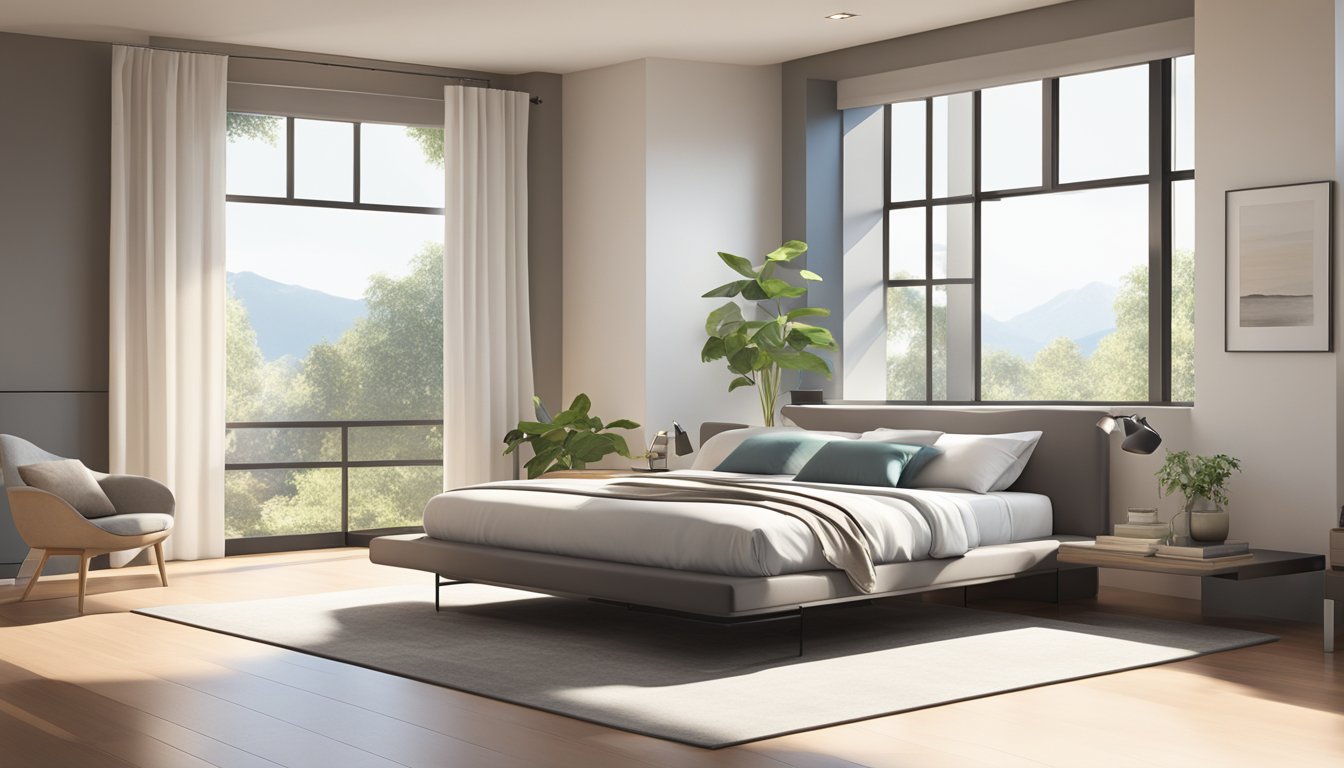 A sleek, modern platform bed frame sits in a sunlit bedroom, with clean lines and a minimalist design. The room is uncluttered, with neutral tones and natural light streaming in through the window