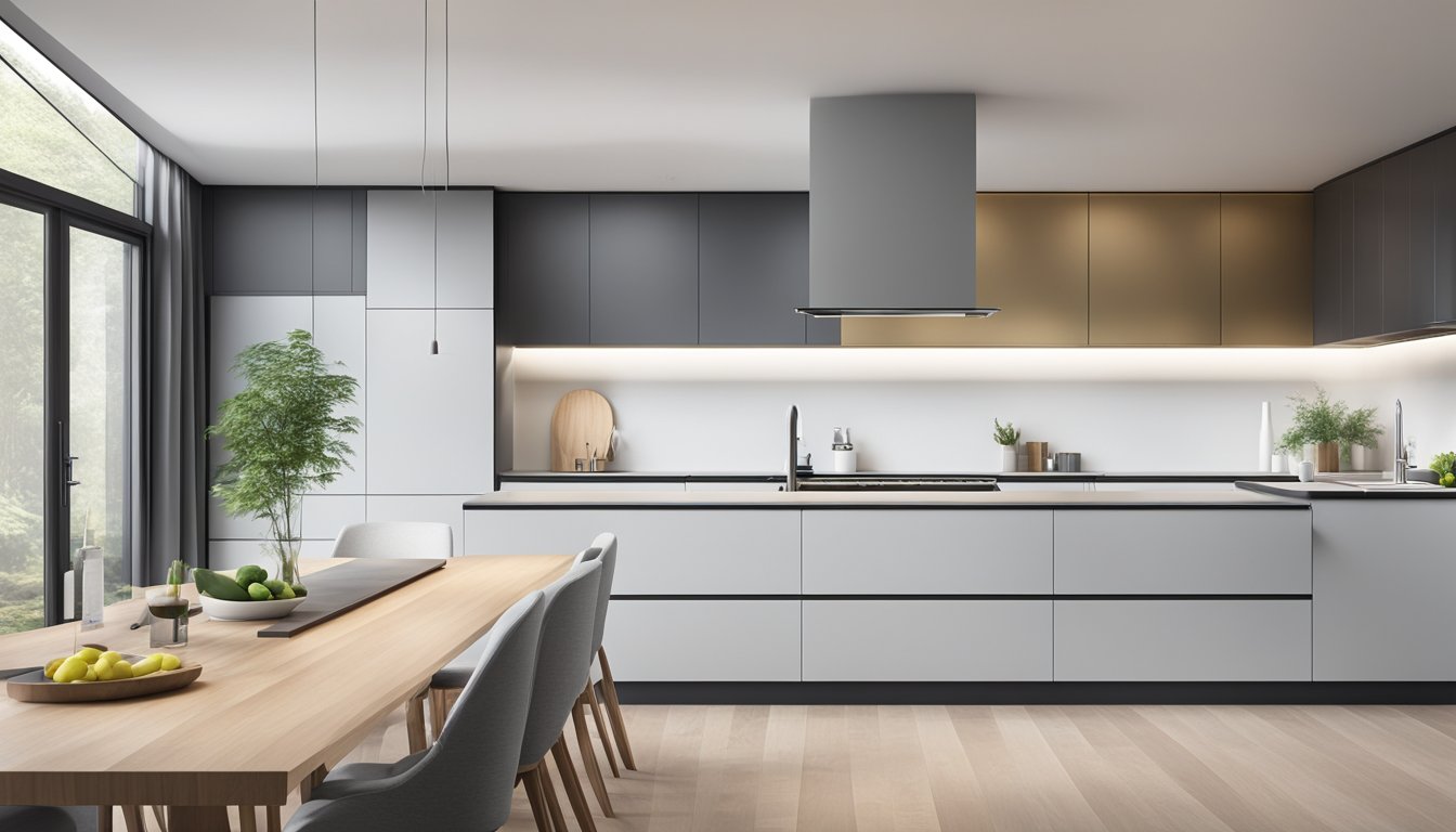 A sleek, stainless steel cooker hood hovers above a spacious, modern open plan kitchen, seamlessly blending into the clean lines and minimalist design of the space