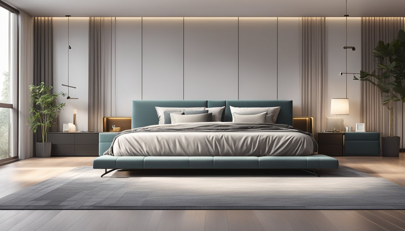 A sleek platform bed frame in a spacious, well-lit bedroom with modern decor and luxurious bedding