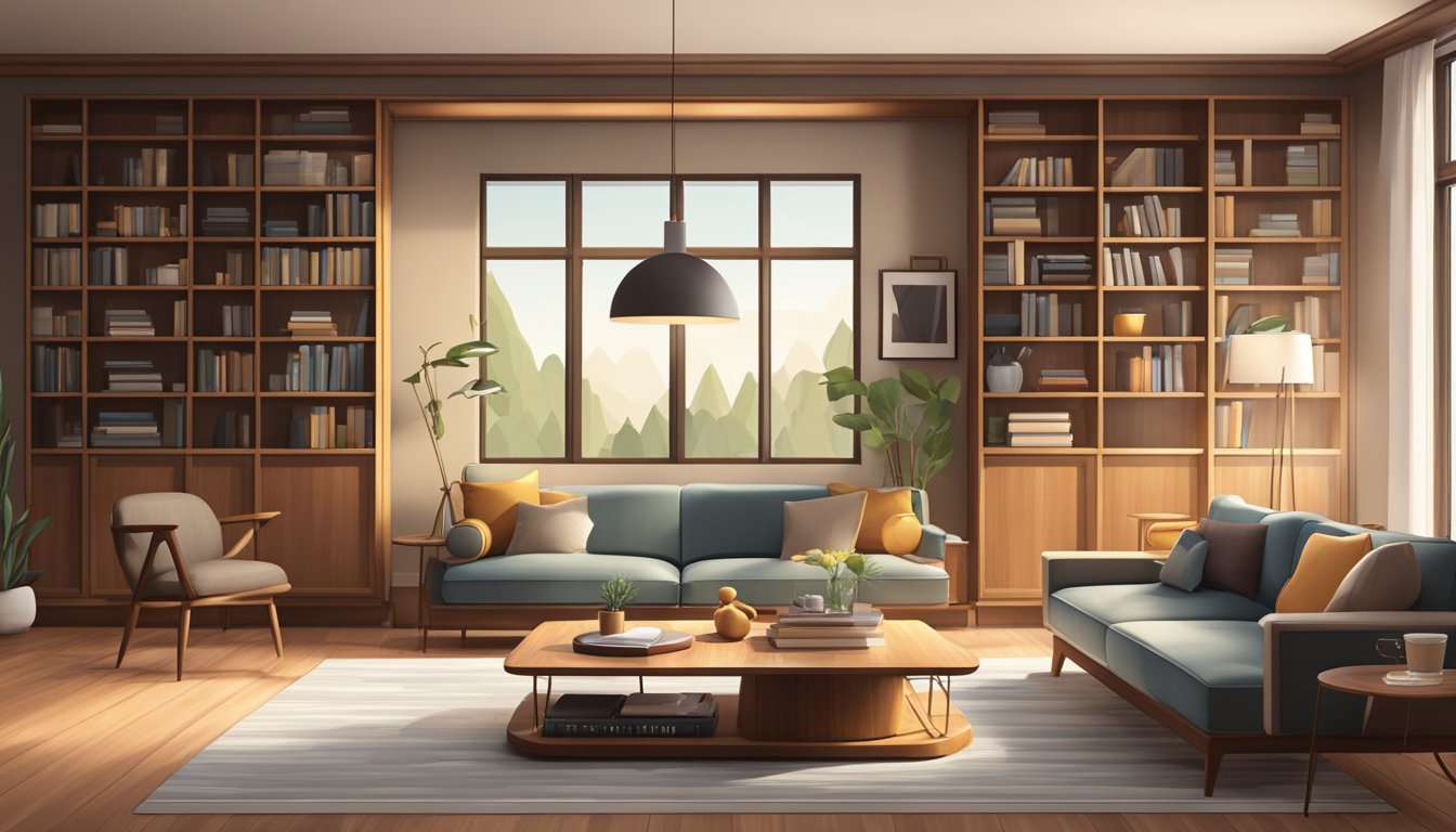 A modern living room with a sleek wooden coffee table, bookshelves, and wall paneling. The warm wood tones add a cozy and inviting atmosphere to the space