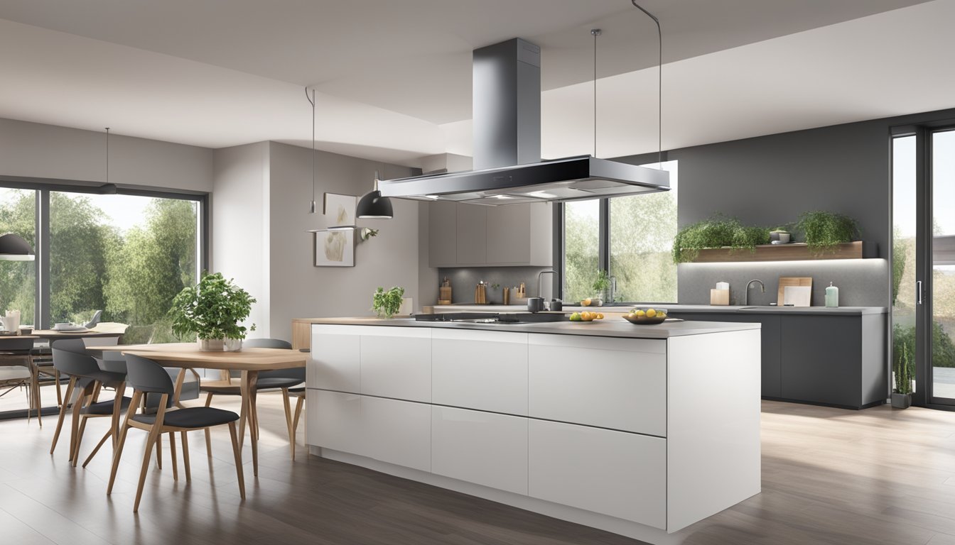 A sleek, modern cooker hood hangs above a spacious open plan kitchen, with powerful extraction capabilities and adjustable lighting