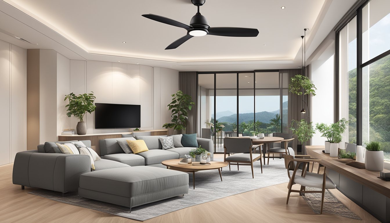 A modern living room with a sleek LED ceiling fan in Singapore