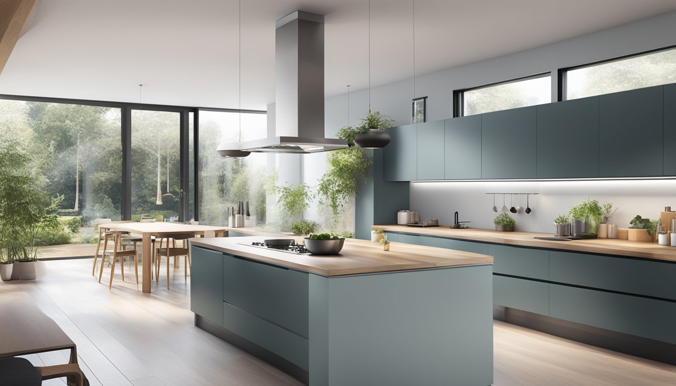 A sleek, modern cooker hood suspended above a spacious open plan kitchen, with clean lines and minimalistic design