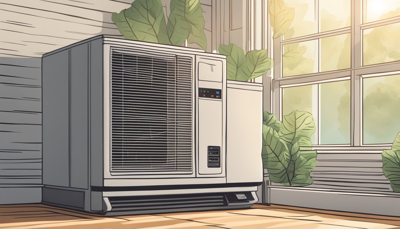 An air conditioner hums quietly in a sunlit room, its vents releasing cool air. Dust gathers on the control panel, indicating years of use