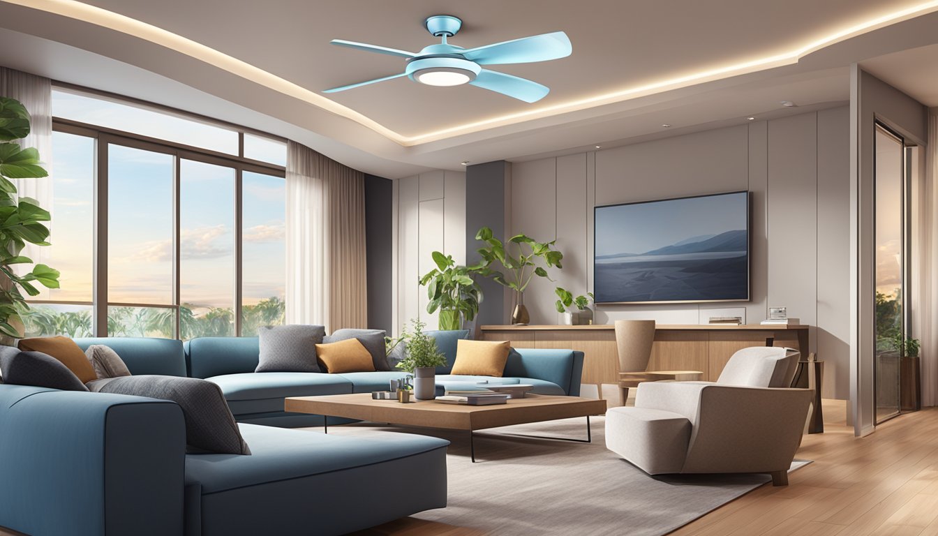 A modern living room with a sleek LED ceiling fan, casting a soft glow and cooling the air