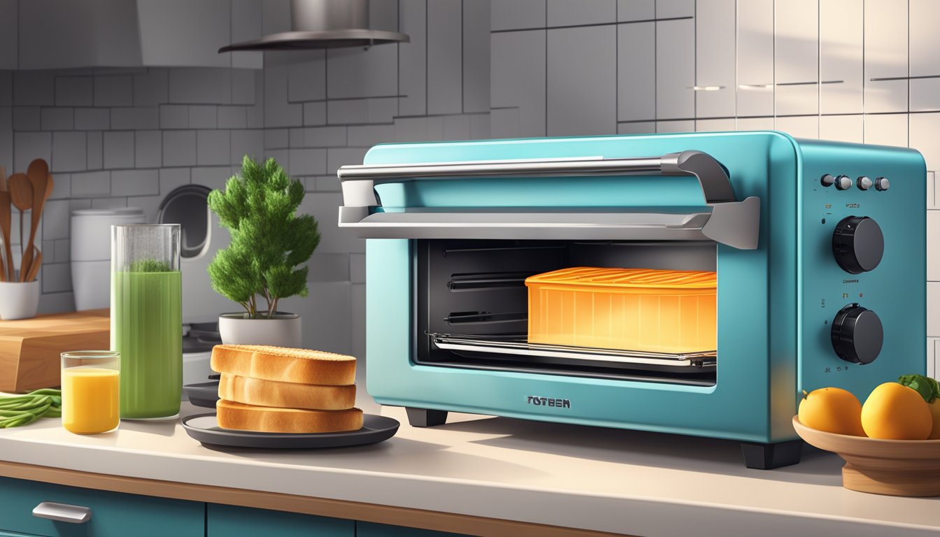 A toaster oven with a glowing heating element sits on a kitchen counter, surrounded by energy-efficient appliances