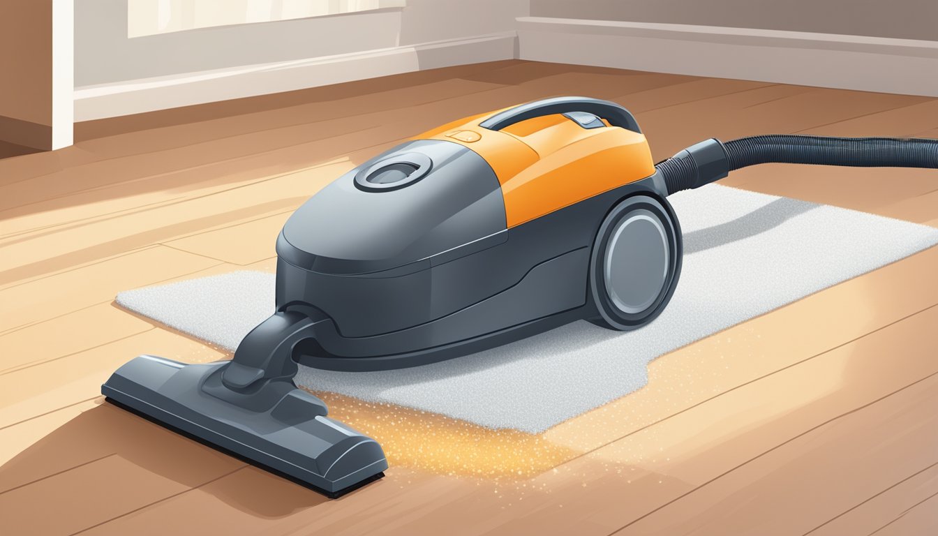 A vacuum cleaner sits on a clean, well-lit floor. Its dust canister is open, revealing a filter and dust mite remnants. A brush and cleaning tool are nearby, ready for maintenance