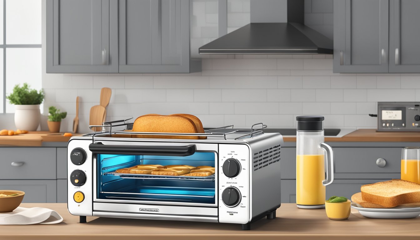 A toaster oven sits on a kitchen countertop, with a digital display showing low energy consumption. The oven is surrounded by various kitchen appliances and utensils