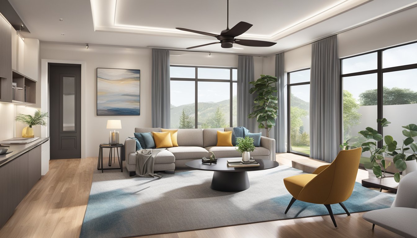 A modern living room with a sleek, high-tech ceiling fan in action, circulating air and adding a touch of sophistication to the space