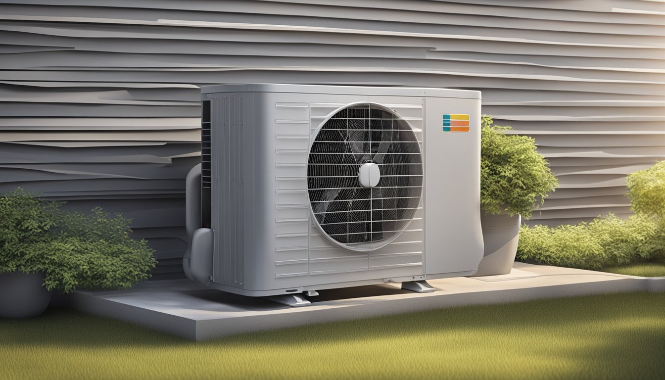 An air conditioner sits on a clean, well-maintained outdoor unit, surrounded by clear space for proper airflow. The sun shines on the unit, highlighting its sleek design and efficiency