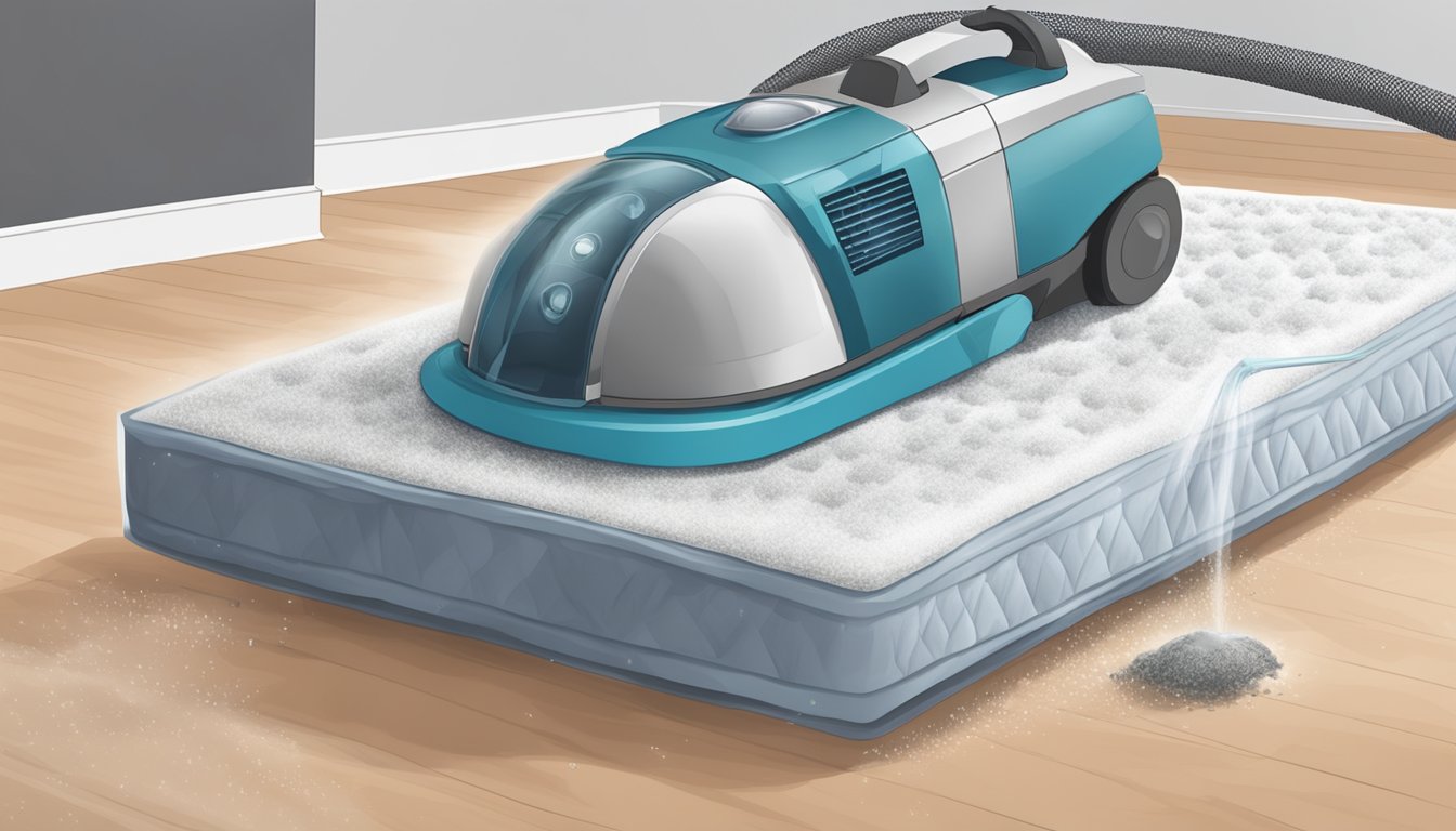 A vacuum cleaner hovering over a mattress, with dust mites and allergens being sucked up into the machine's transparent canister