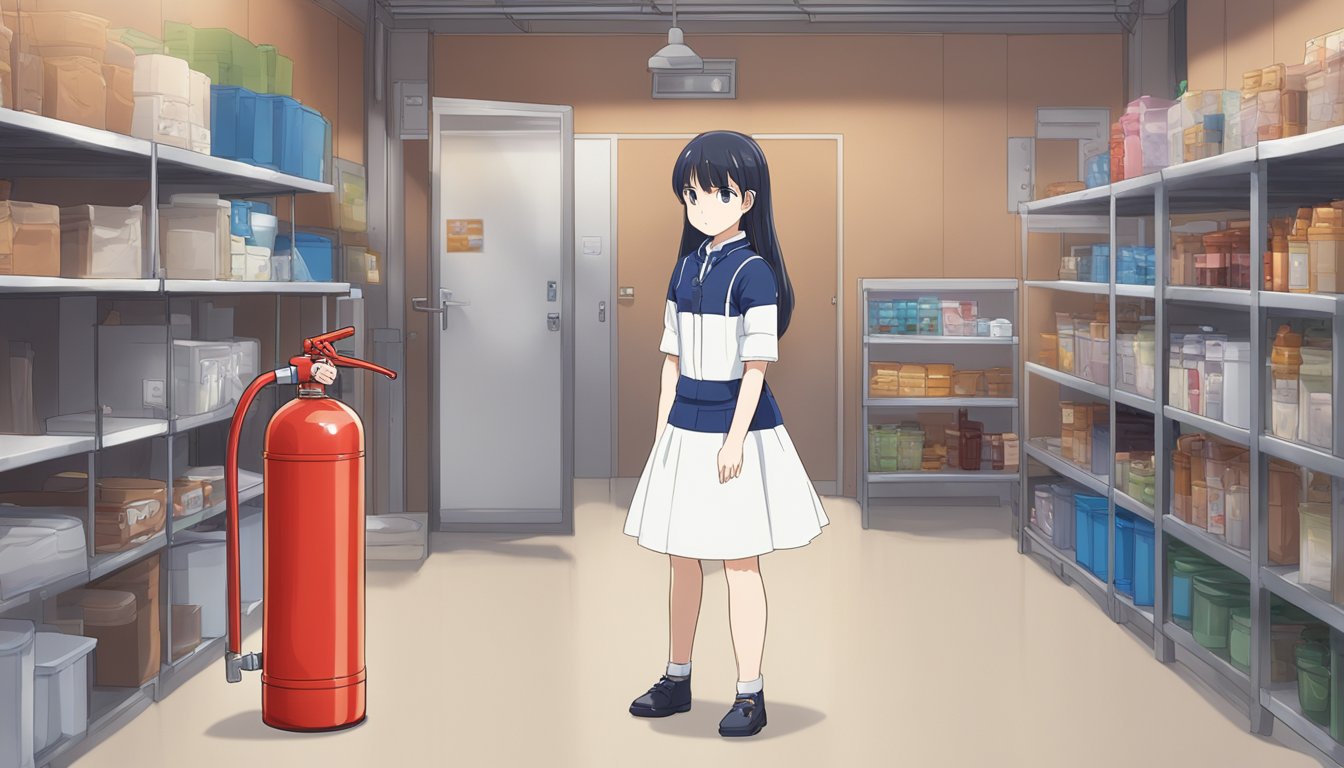 A sex doll is positioned away from heat sources, with fire extinguisher nearby. Clear signage indicates fire safety guidelines