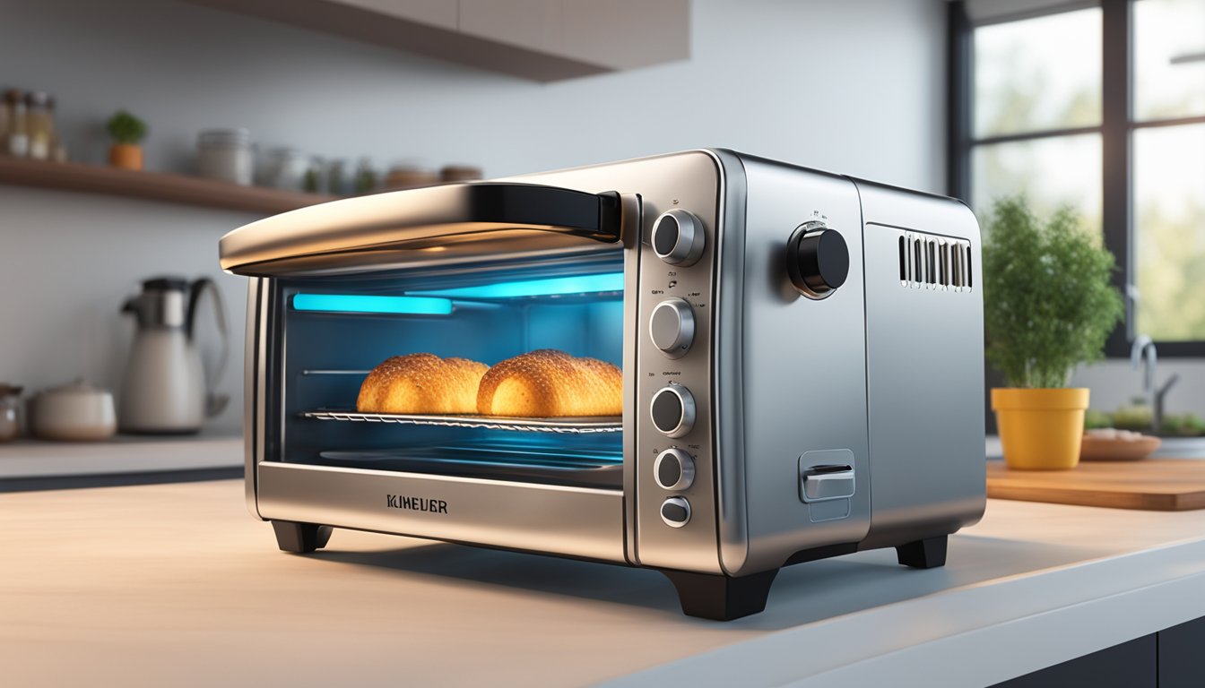 A toaster oven sits on a kitchen counter, its digital display showing low energy consumption. A glowing light indicates it is in use, while a timer counts down, showcasing its efficient energy-saving capabilities