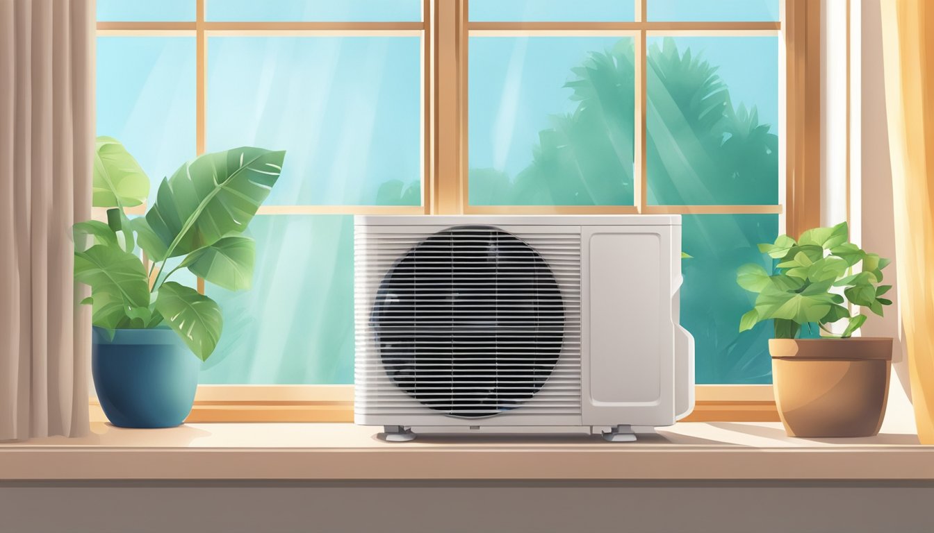 An air conditioner sits on a window sill, surrounded by a hot and humid room. The AC unit is running, with cool air flowing out of the vents