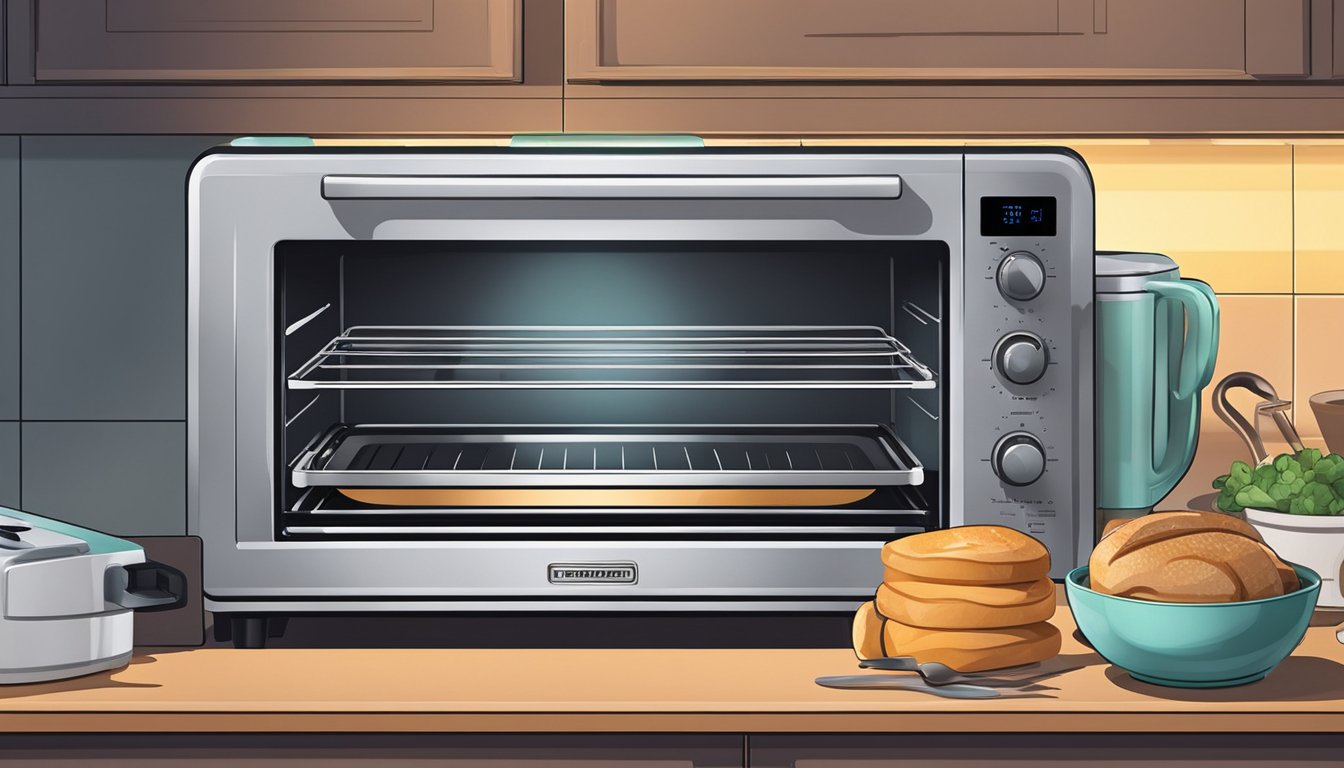 A toaster oven sits on a kitchen counter with a glowing digital display, surrounded by various kitchen appliances and utensils. The oven is plugged into a power outlet, emitting a faint humming sound