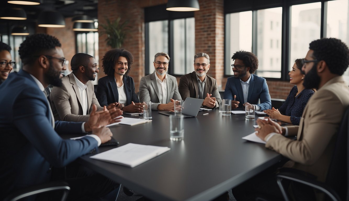 A diverse group of virtual meeting participants engage in discussion and collaboration, with varied backgrounds and perspectives represented