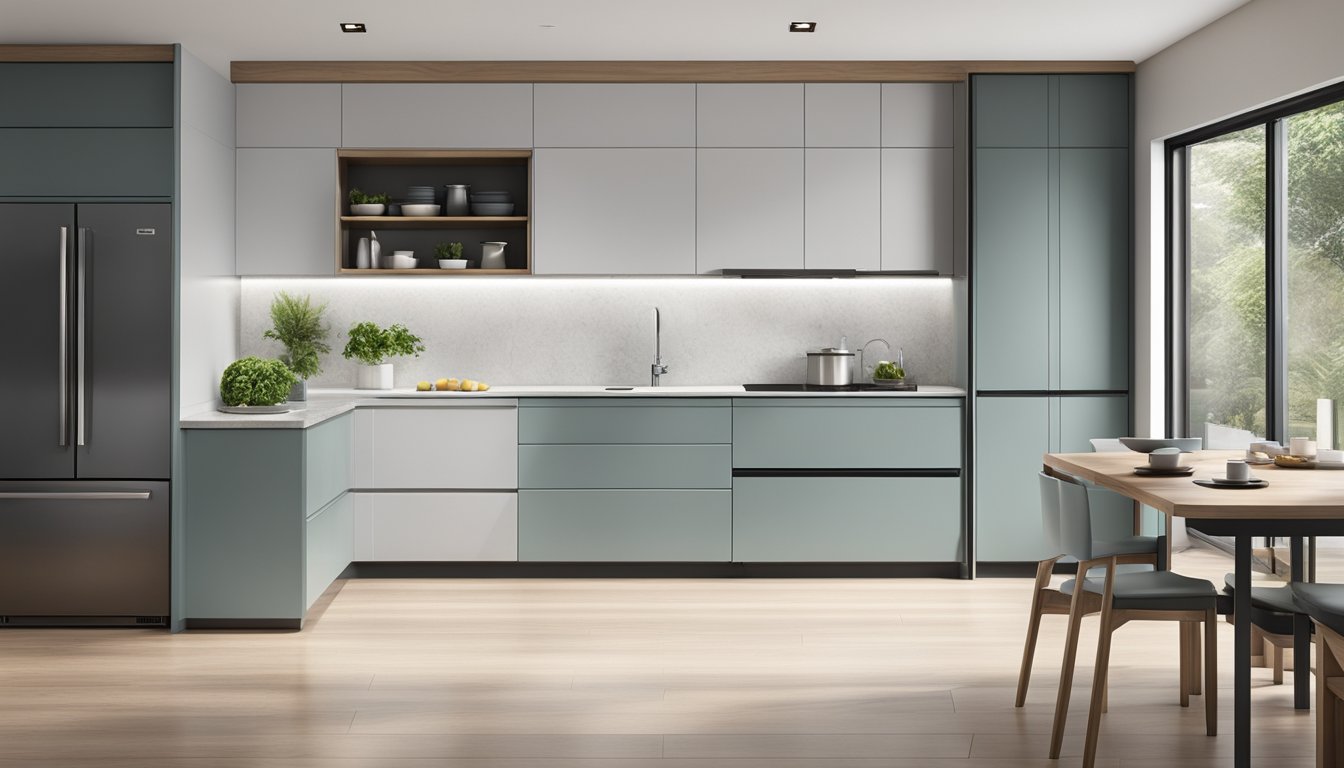 A sleek bottom freezer refrigerator stands in a modern kitchen in Singapore. The stainless steel finish and minimalist design exude sophistication