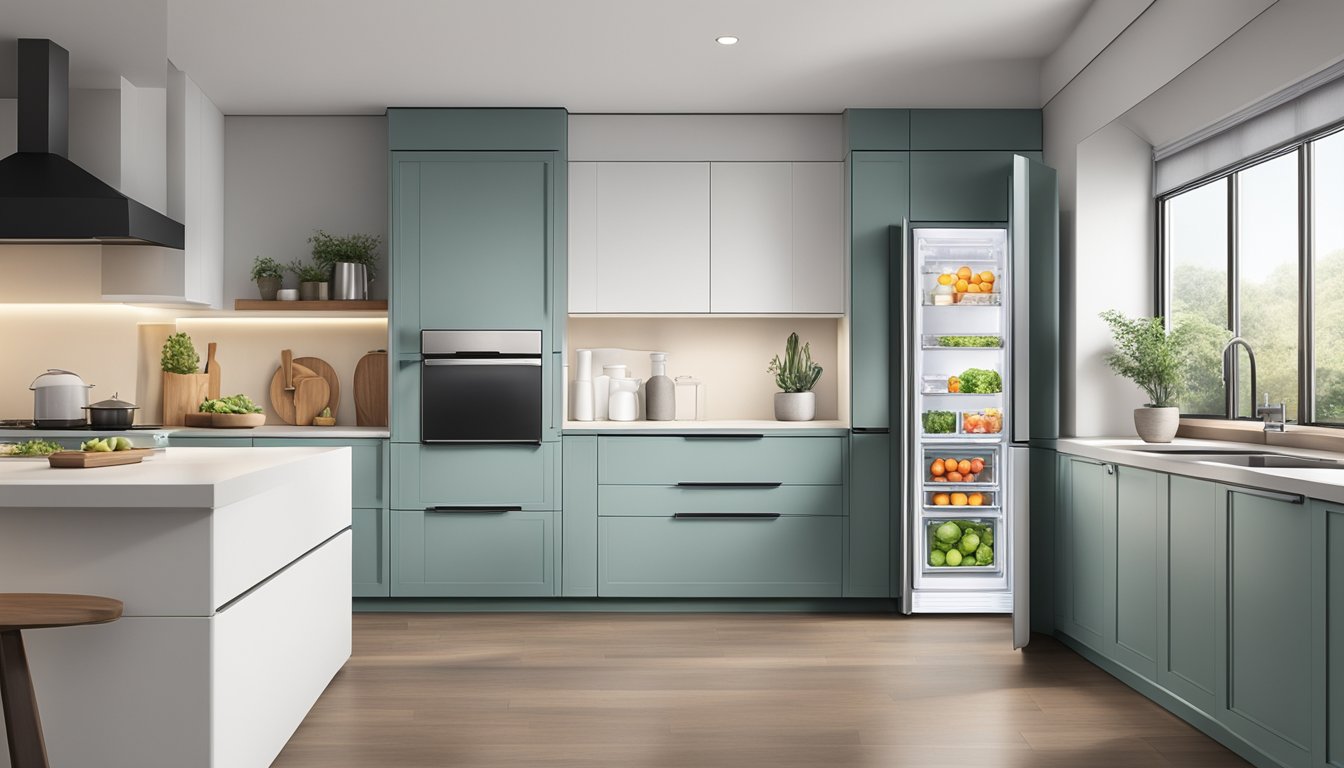 A sleek bottom freezer refrigerator stands in a modern Singaporean kitchen, its spacious interior and energy-efficient design making it the top choice for homeowners