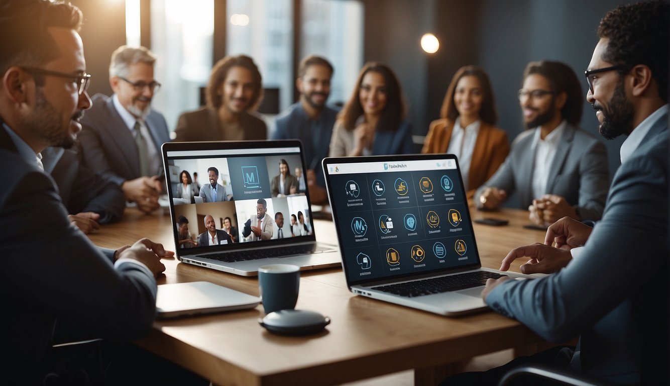 A diverse group of symbols and icons engage in a virtual meeting, utilizing various communication tools and strategies to ensure inclusivity and active participation