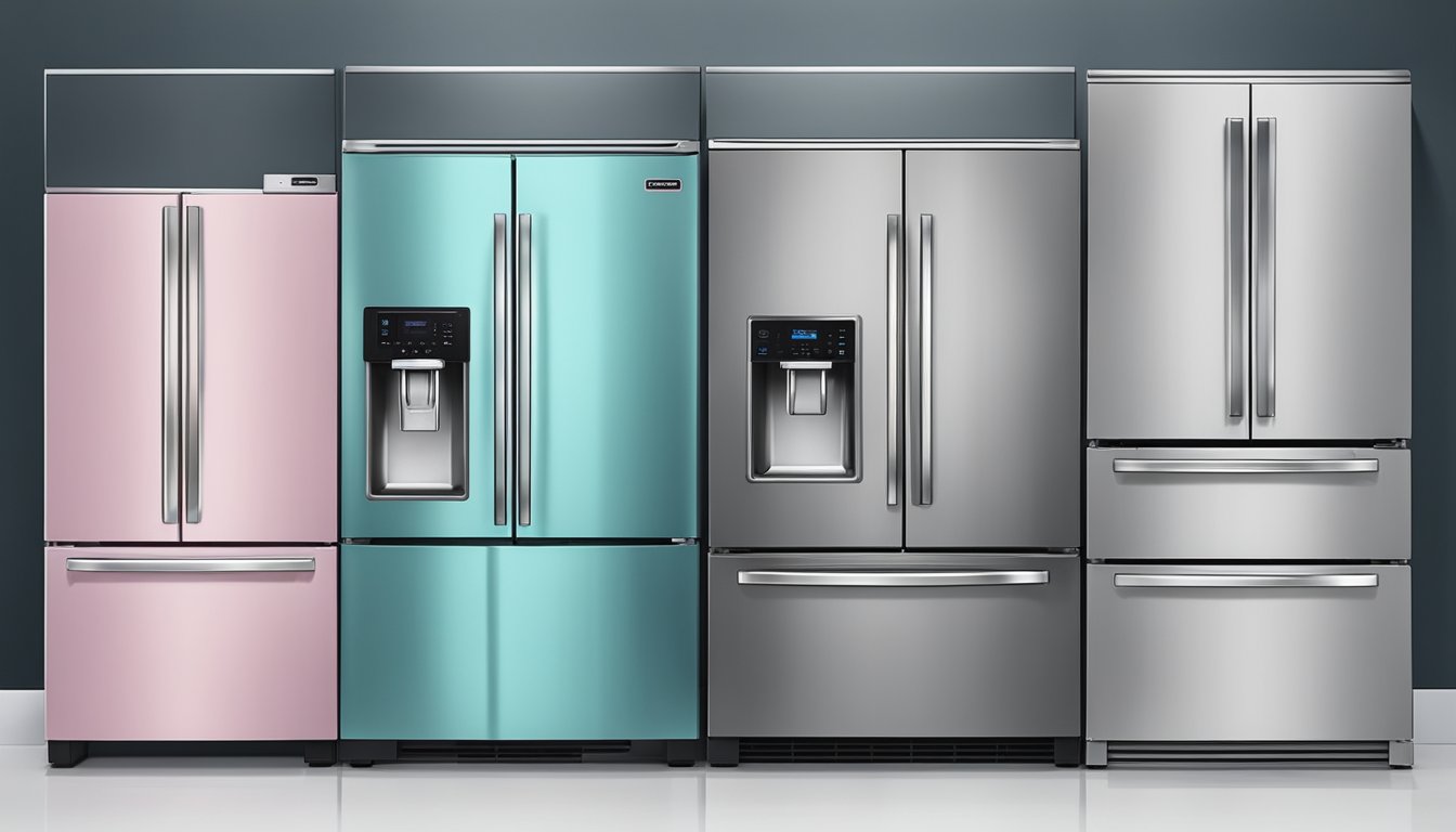 A row of leading brand bottom freezer refrigerators in a showroom, each with sleek and modern designs, showcasing their standout features