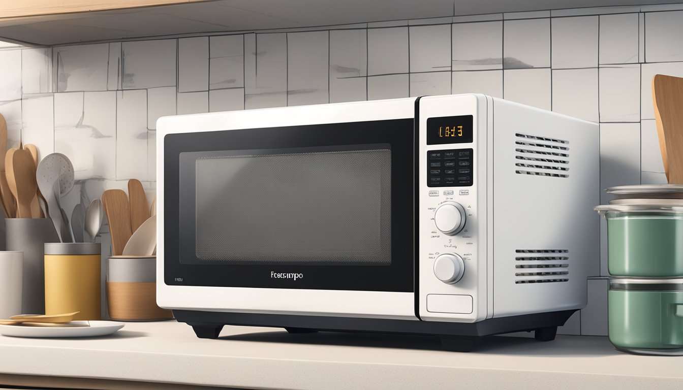 A small, basic microwave sits on a cluttered kitchen counter in Singapore. Its white plastic exterior is scuffed and faded, and the digital display flickers intermittently